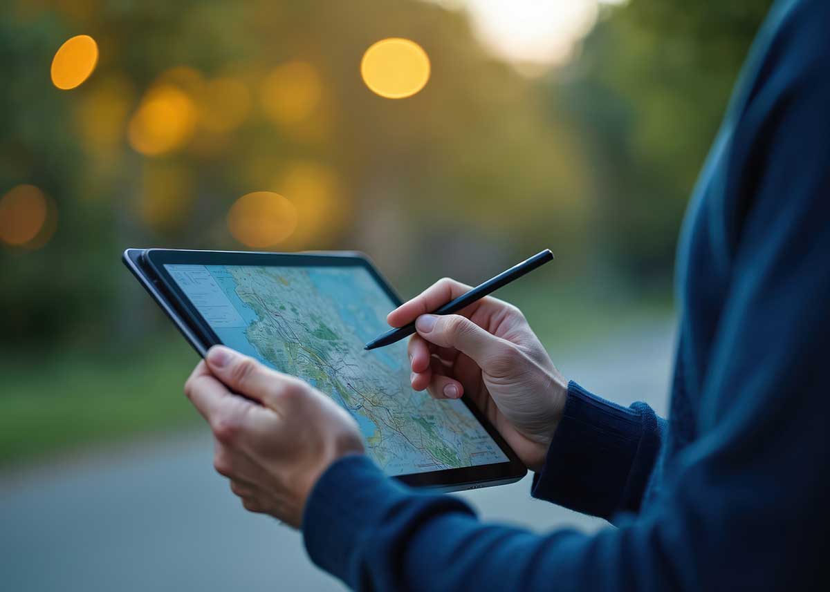 Person holds tablet displaying map with stylus. Analyst reviews geospatial data outdoors. Planning location with digital map device.