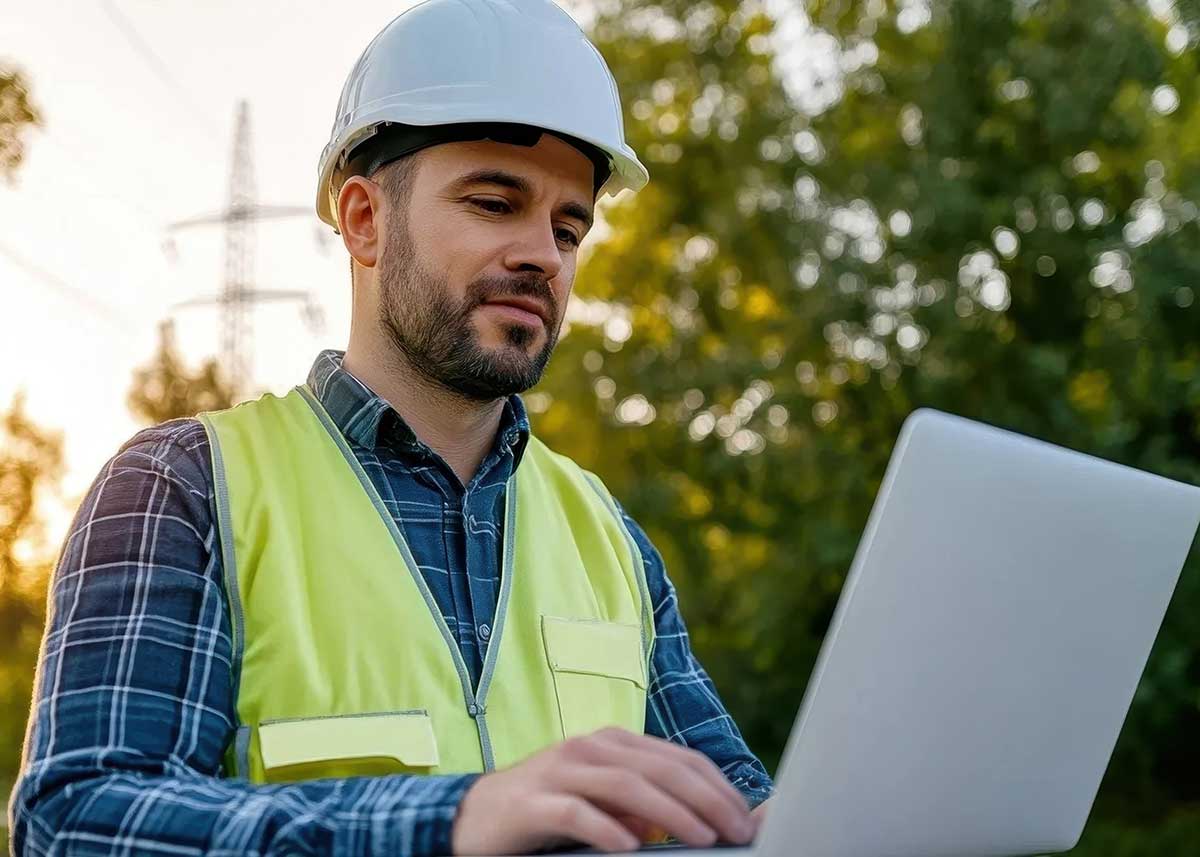 A construction worker in a helmet and safety vest uses a laptop outdoors, surrounded by trees and power lines during sunset.