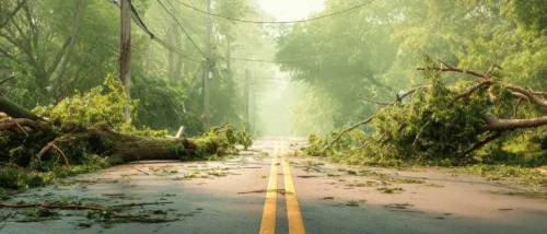 Storm Damage on Road with Fallen Trees and Downed Power Lines Blocking Passage
