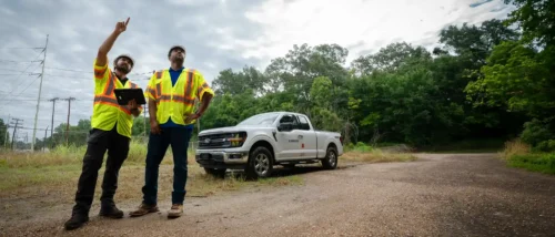 Two utility field professionals inspect overhead power lines near a wooded right-of-way, with one using a tablet.